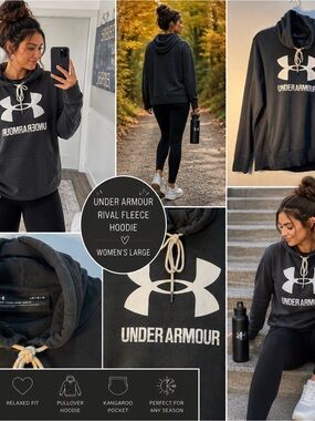 Under Armour Hoodie Womens Large Black Rival Fleece Logo Pullover Athleisure Y2K